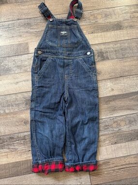 OshKosh B'gosh Dark Blue Denim Overalls with Red Plaid Lining